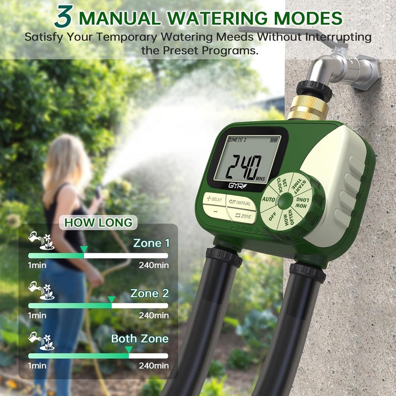 Gmr Hose Timers for Watering, Sprinkler Timer Outdoor with Brass Inlet, Water Timer for Garden Hose with Rain Delay/Manual/Auto Irrigation System, Programmable Garden Hose Timer for Yard, 2 Outlet - Image 5